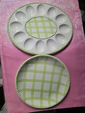 KMart Green Plaid Ceramic Egg Tray and Serving Plate Set